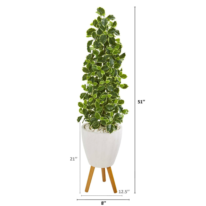 51” Variegated Holly Leaf Artificial Tree in White Planter with Stand (Real Touch), photo 2 of 2