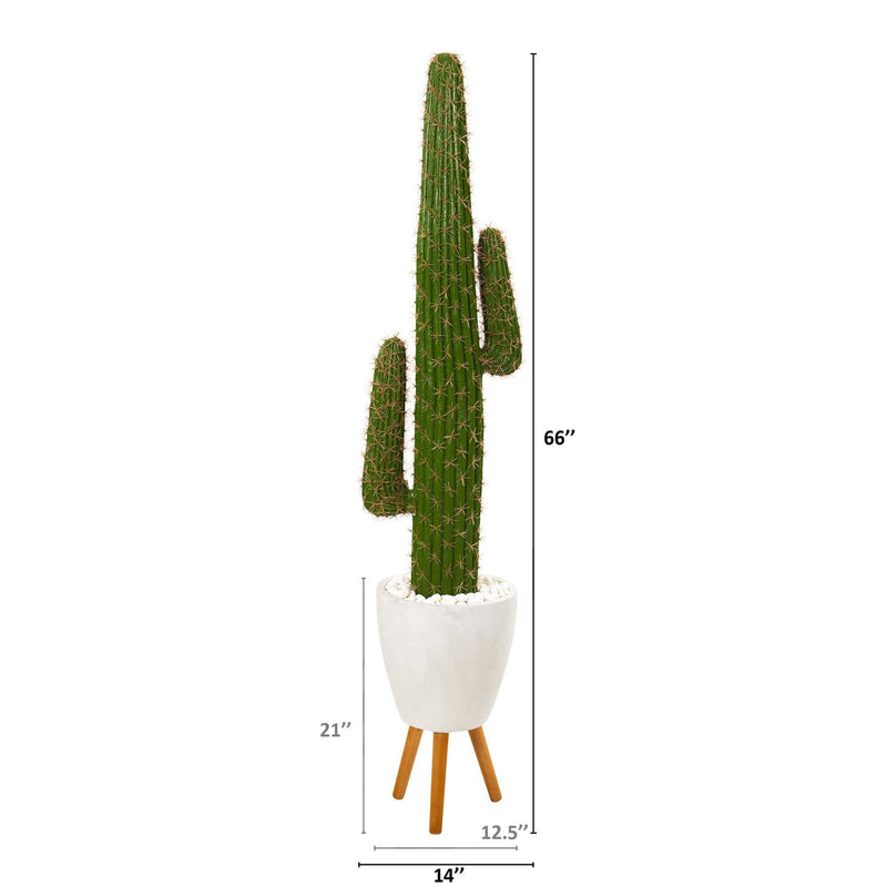 5.5’ Cactus Artificial Plant in White Planter with Stand, photo 2 of 2