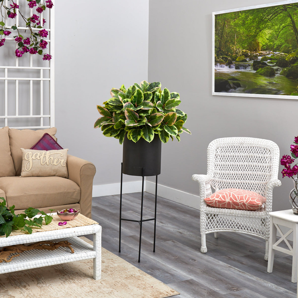 55” Rubber Leaf Artificial Plant in Black Planter with Stand (Real Touch), photo 4 of 4