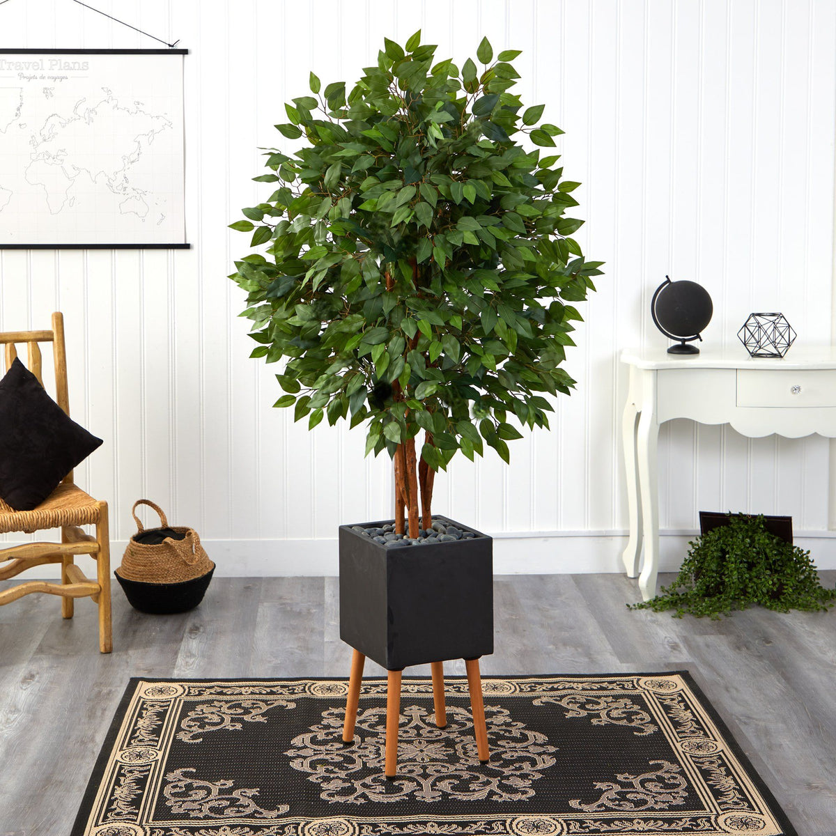 5.5’ Super Deluxe Artificial Ficus Tree in Black Planter with Stand, photo 3 of 4