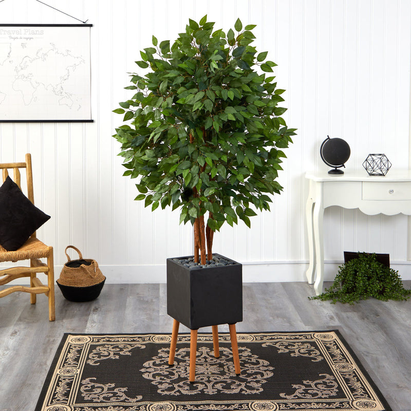 5.5’ Super Deluxe Artificial Ficus Tree in Black Planter with Stand, photo 3 of 4