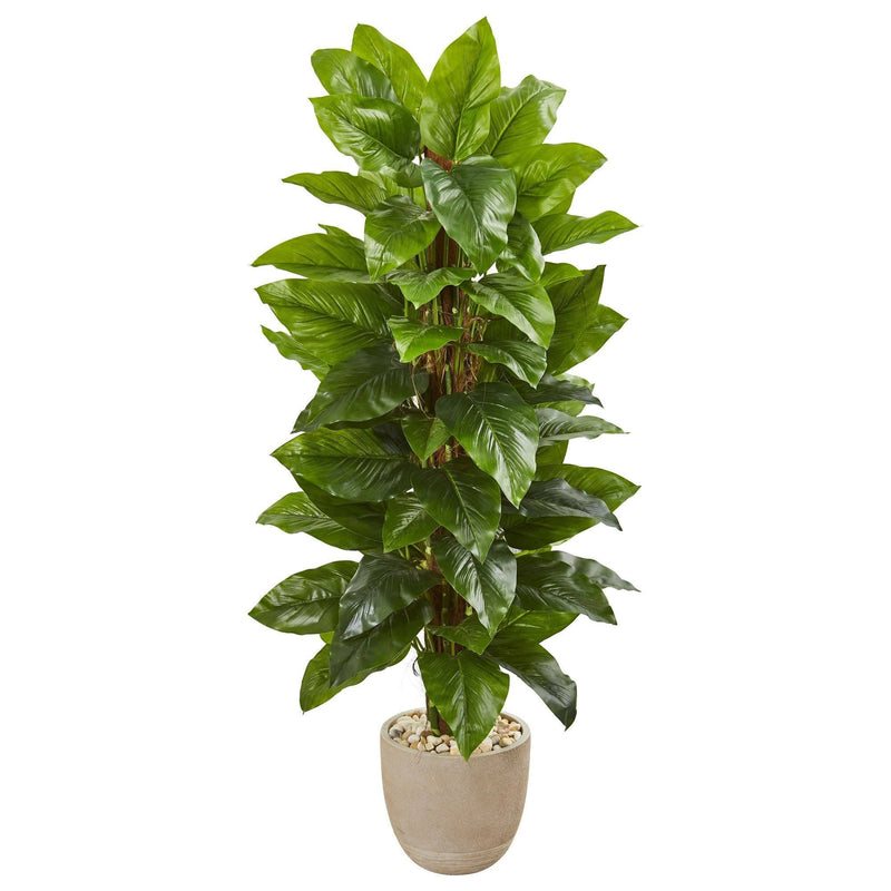 58” Large Leaf Philodendron Artificial Plant in Sand Stone Planter (Real Touch)