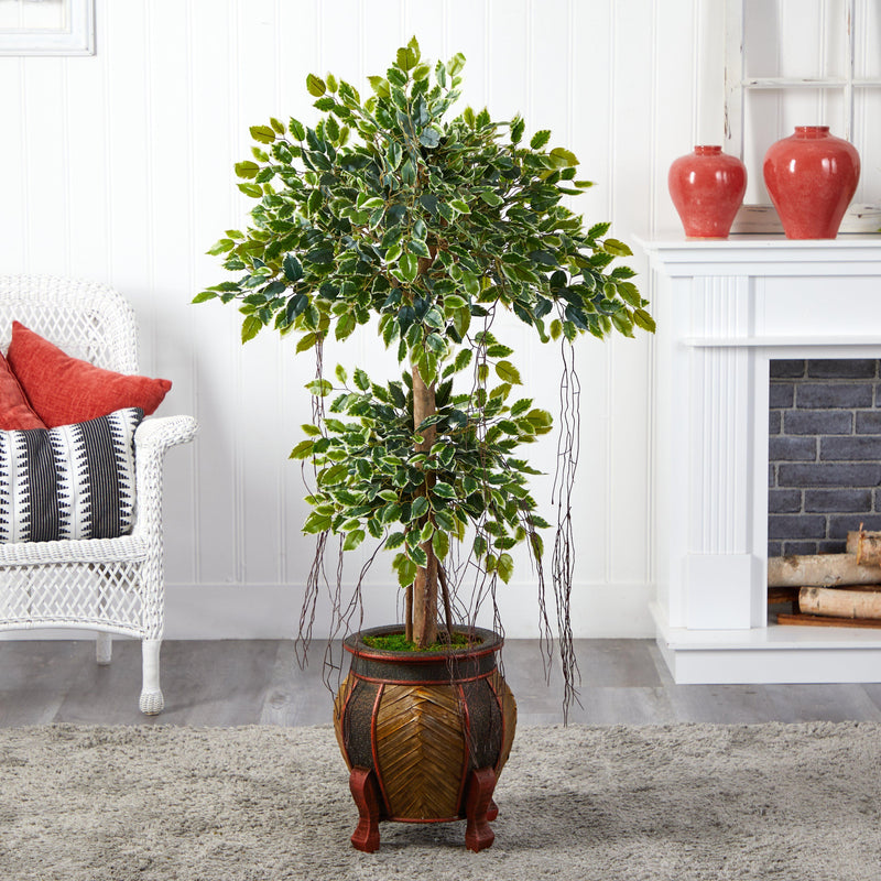59” Variegated Ficus Artificial Tree in Decorative Planter, photo 3 of 3