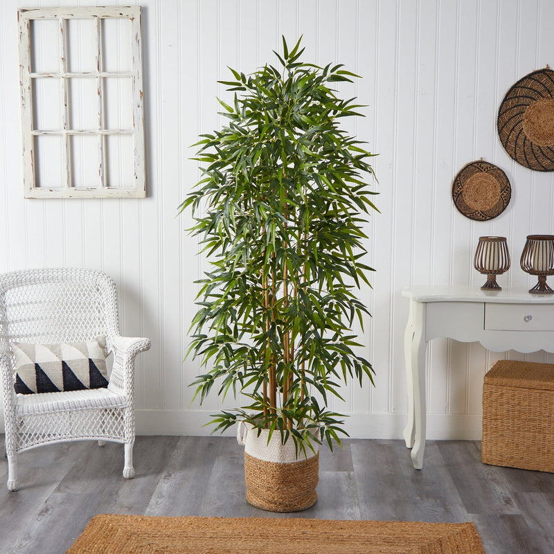 6' Artificial Bamboo Tree with Handmade Jute & Cotton Basket, photo 2 of 4