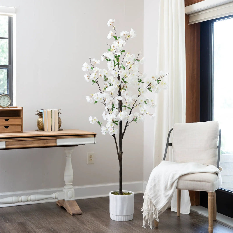 6’ Artificial Cherry Blossom Tree with White Decorative Planter, photo 4 of 8