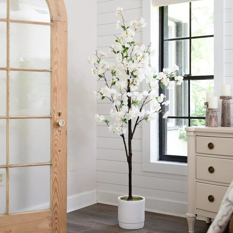 6’ Artificial Cherry Blossom Tree with White Decorative Planter, photo 3 of 8