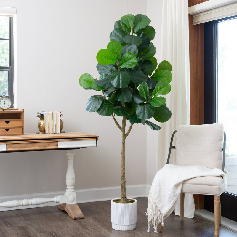 6’ Artificial Fiddle Leaf Fig Tree with White Decorative Planter, photo 3 of 6