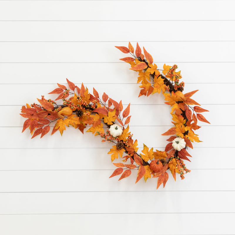 6’ Assorted Autumn Maple Leaves, Pumpkins, Gourds, Berries and Pinecone Artificial Fall Garland