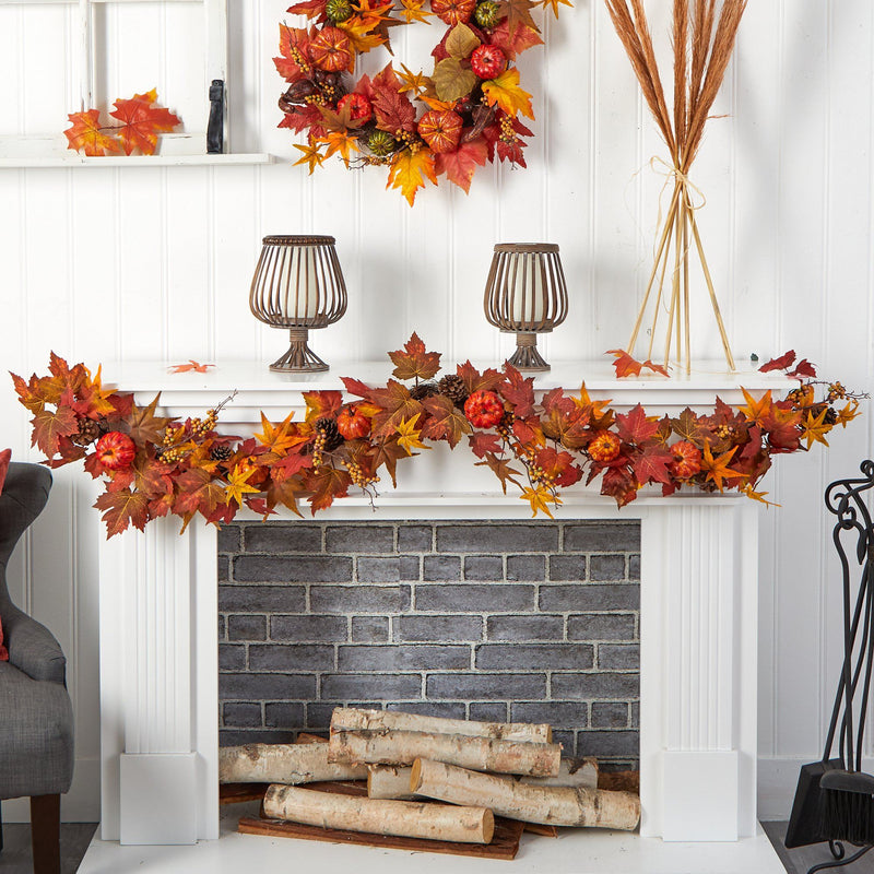 6’ Autumn Maple Leaf, Pumpkin, Gourd and Berry Artificial Fall Garland