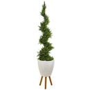 6’ Cypress Artificial Spiral Topiary Tree in White Planter with Stand