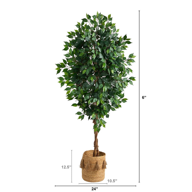 6’ Ficus Artificial Tree with Natural Trunk in Handmade Natural Jute Planter with Tassels