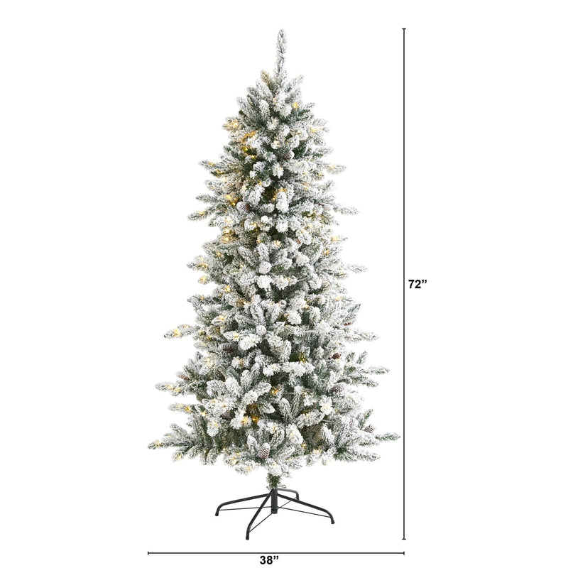 6’ Flocked Livingston Fir Artificial Christmas Tree with Pine Cones and 300 Clear Warm LED Lights