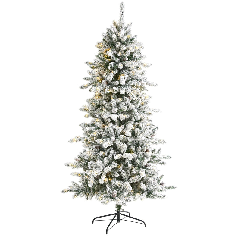 6’ Flocked Livingston Fir Artificial Christmas Tree with Pine Cones and 300 Clear Warm LED Lights