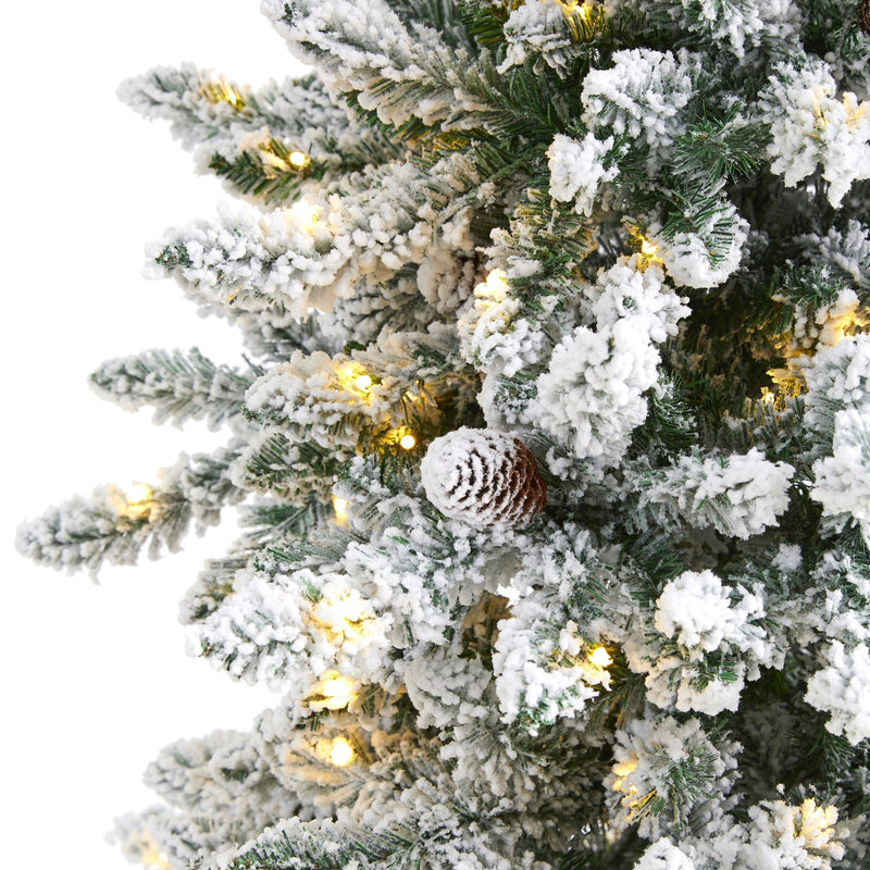 6’ Flocked Livingston Fir Artificial Christmas Tree with Pine Cones and 300 Clear Warm LED Lights