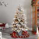 6’ Flocked Long Vermont Pine Tree with 758 Branches and 250 LED Lights in Decorative Planter