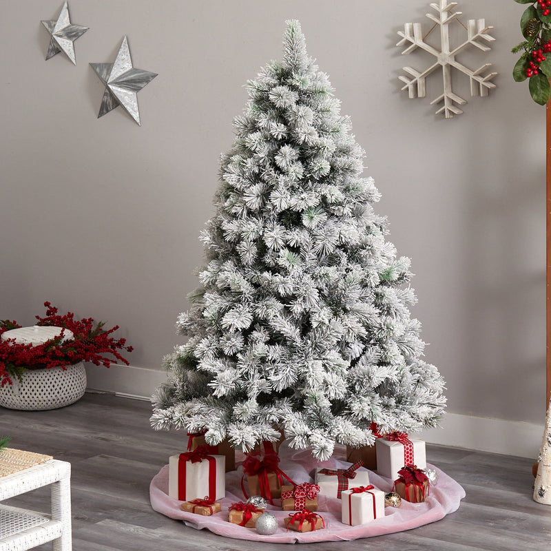 6’ Flocked Oregon Pine Artificial Christmas Tree with 300 Clear Lights and 551 Bendable Branches