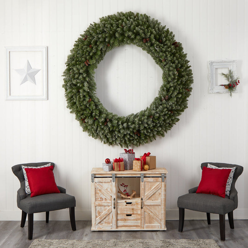 6’ Giant Flocked Christmas Wreath with Pinecones, 400 Clear LED Lights and 920 Bendable Branches