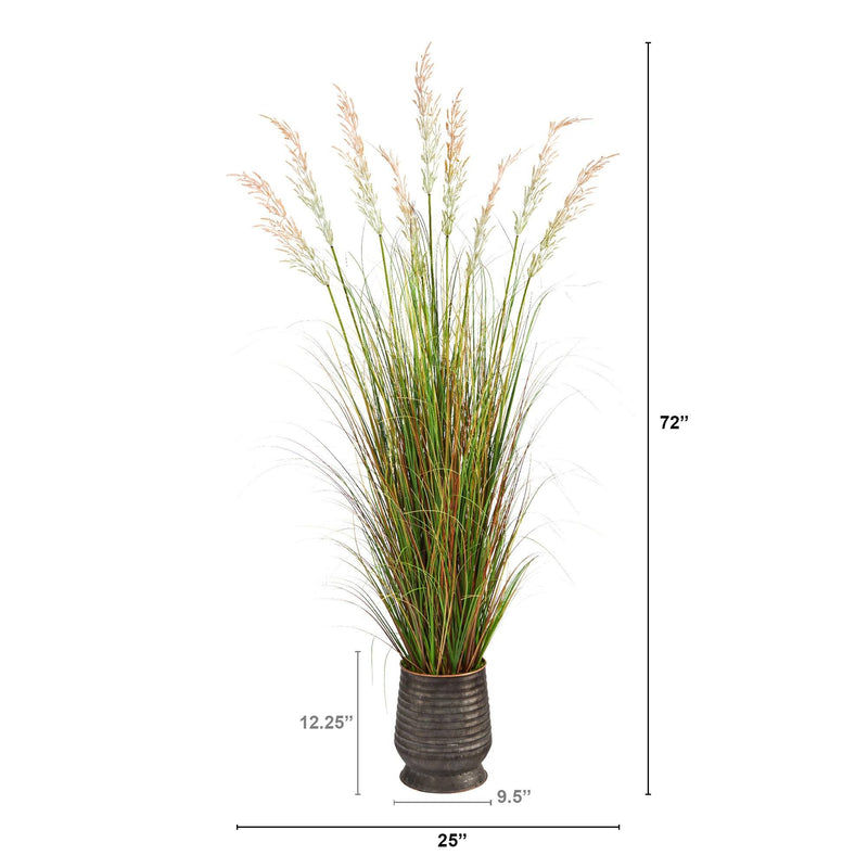 6’ Grass Artificial Plant in Ribbed Metal Planter