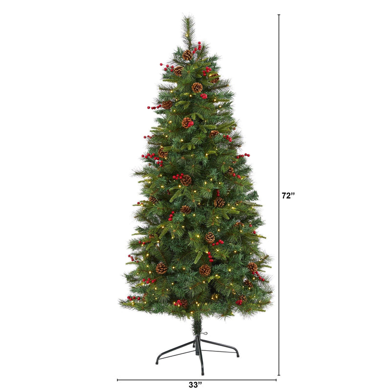 6’ Mixed Pine Artificial Christmas Tree with 250 Clear LED Lights, Pine Cones and Berries