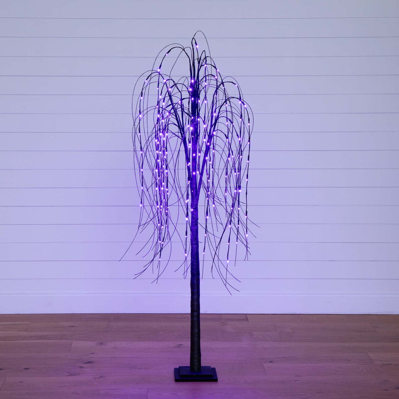 6’ Pre-Lit Halloween Black Willow Artificial Tree with 160 Orange & Purple LED Lights