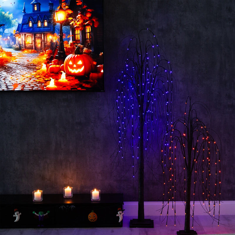 6’ Pre-Lit Halloween Black Willow Artificial Tree with 160 Orange & Purple LED Lights
