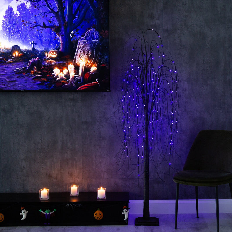6’ Pre-Lit Halloween Black Willow Artificial Tree with 160 Orange & Purple LED Lights