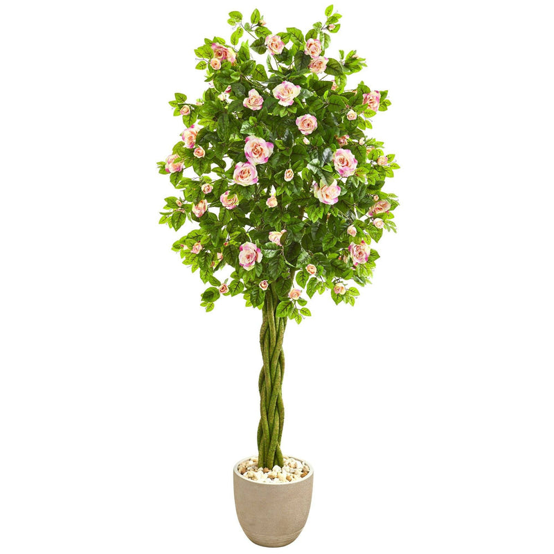 6’ Rose Artificial Tree in Sand Stone Planter