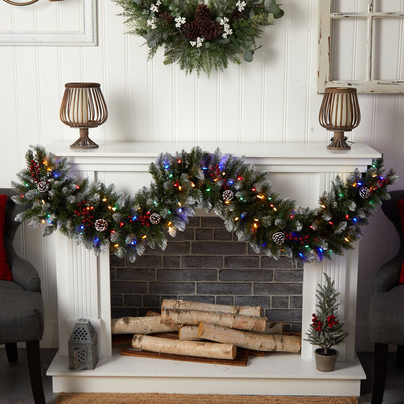 6' Snow Tipped Extra Wide Christmas Garland with Pinecones, Berries and 100 Multicolor LED Lights