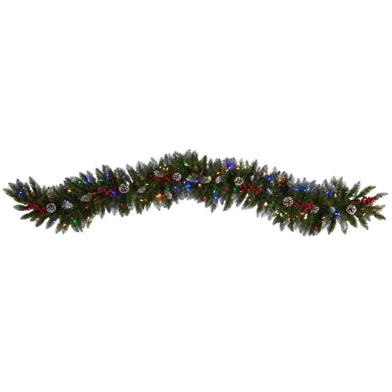 6' Snow Tipped Extra Wide Christmas Garland with Pinecones, Berries and 100 Multicolor LED Lights