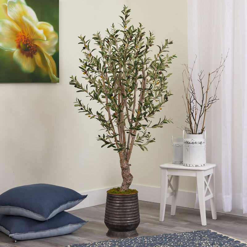 62” Olive Artificial Tree in Ribbed Metal Planter, photo 6 of 8