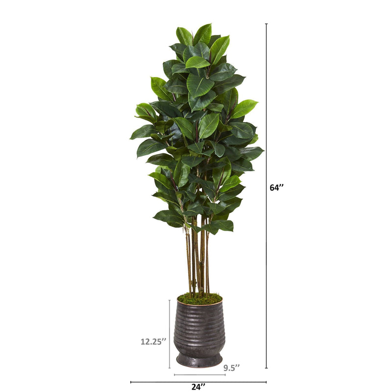 64” Rubber Leaf Artificial Tree in Ribbed Metal Planter, photo 2 of 2