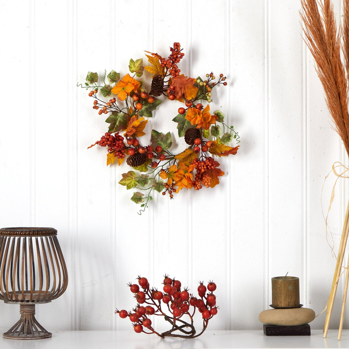 6.5” Autumn Hydrangea and Pinecones Artificial Wreath (Set of 2), photo 3 of 4