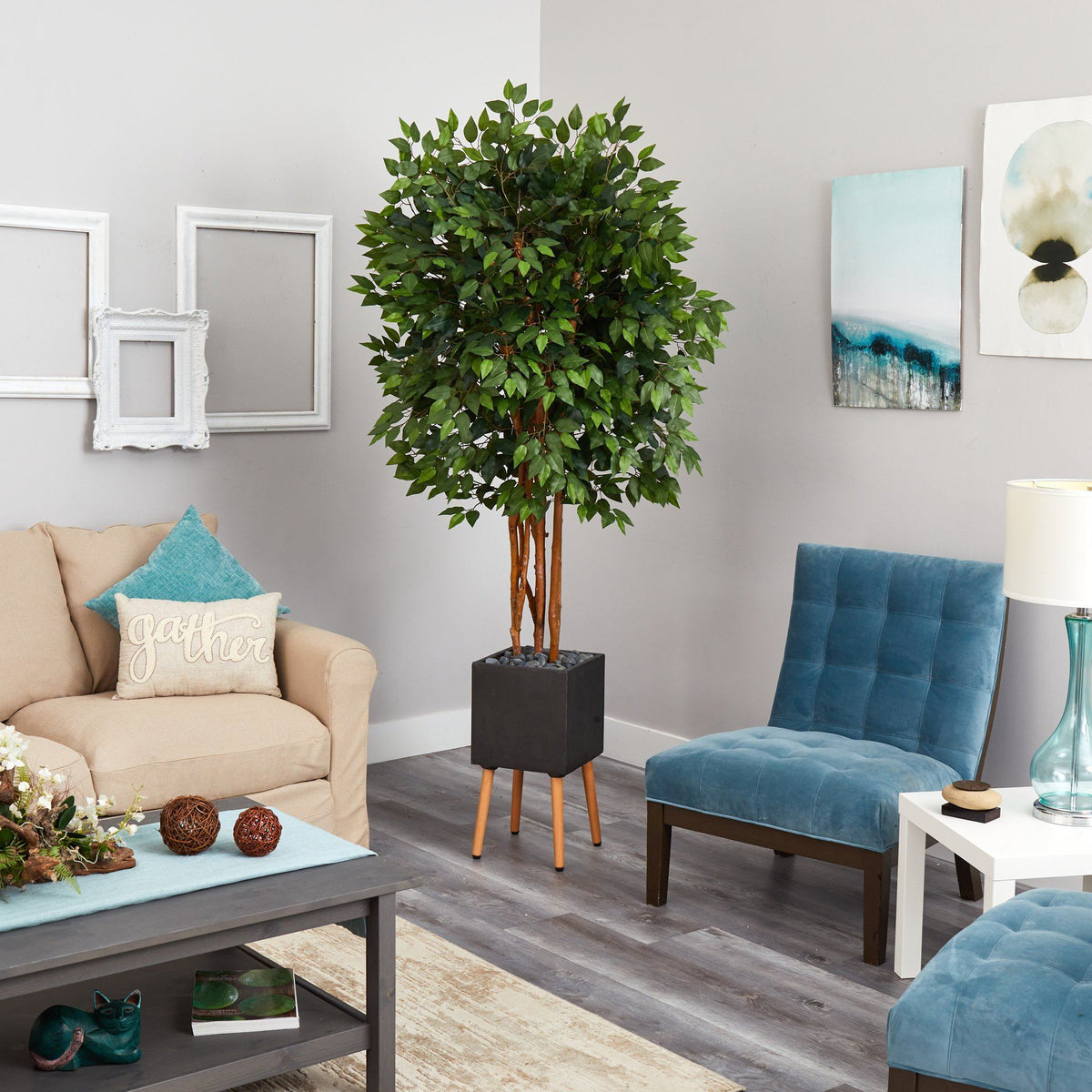 6.5’ Super Deluxe Ficus Artificial Tree in Black Planter with Stand, photo 3 of 4