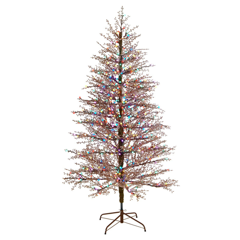 7' Frosted Berry Twig Christmas Tree with 450 Multicolored Gum Ball LED Lights and 1192 Bendable Branches