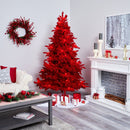 7' Red Flocked Fraser Fir Artificial Christmas Tree with 500 Red Lights, 40 Globe Bulbs and 1039 Bendable Branches