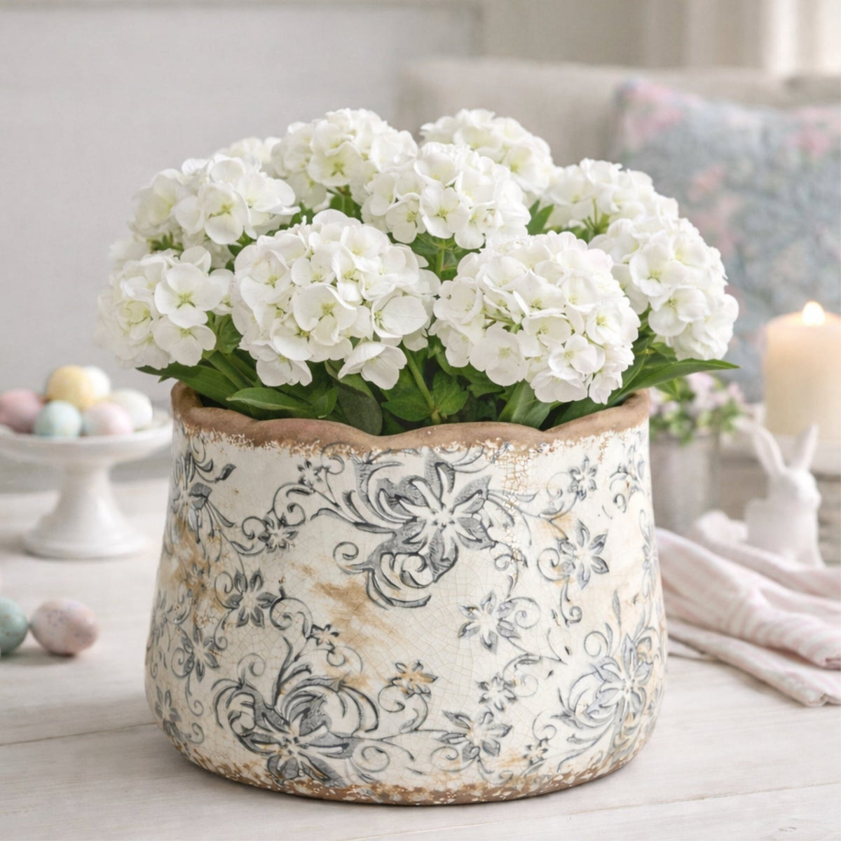 7” Tuscan Ceramic Gray Scroll Planter, photo 2 of 3