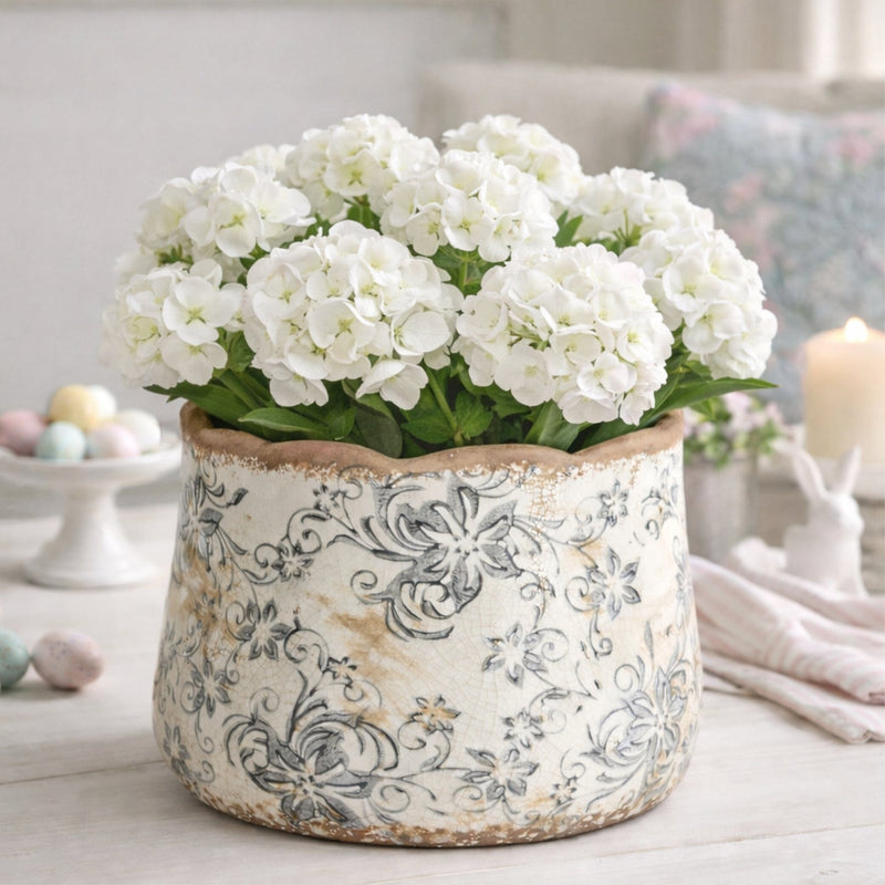 7” Tuscan Ceramic Gray Scroll Planter, photo 2 of 3