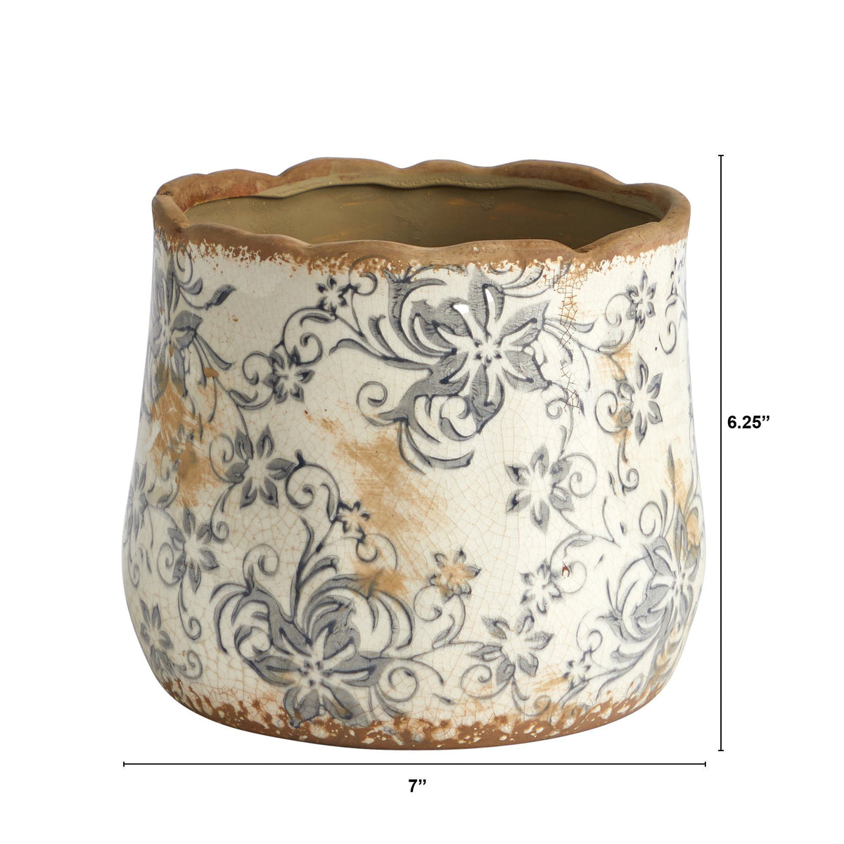 7” Tuscan Ceramic Gray Scroll Planter, photo 3 of 3