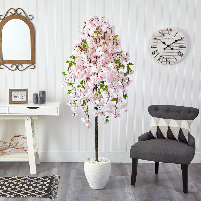 70” Cherry Blossom Artificial Tree in White Planter, photo 3 of 4