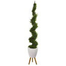 75” Cypress Artificial Spiral Tree in White Planter with Stand