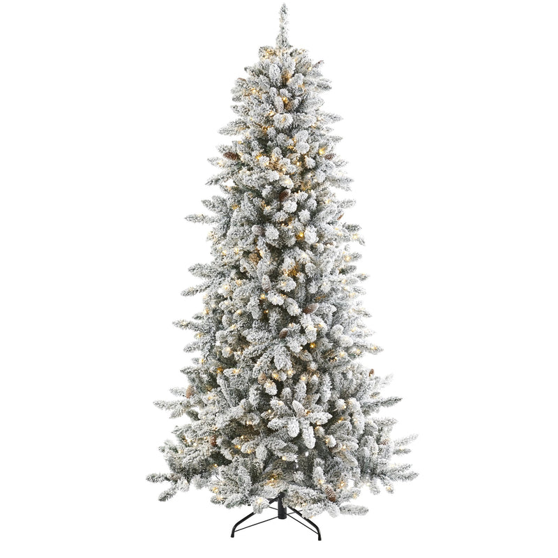 7.5’ Flocked Livingston Fir Artificial Christmas Tree with Pine Cones and 500 Warm LED Lights