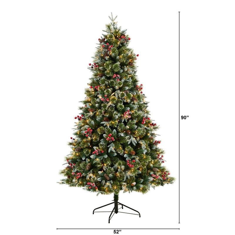 7.5' Snow Tipped Aspen Spruce Pre-Lit Tree with 450 LED lights, Berries and Pinecones