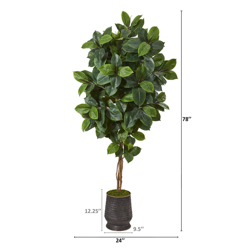78” Rubber Leaf Artificial Tree in Ribbed Metal Planter, photo 2 of 2
