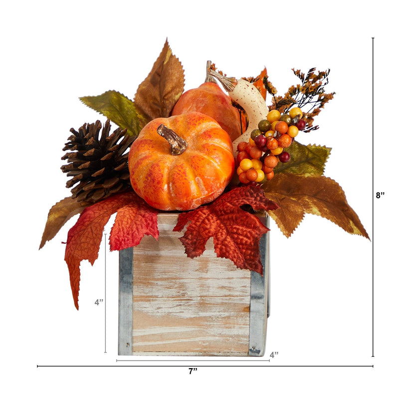 8” Fall Pumpkin, Gourd, Berries and Pinecones Artificial Autumn  Arrangement in Natural Washed Vase