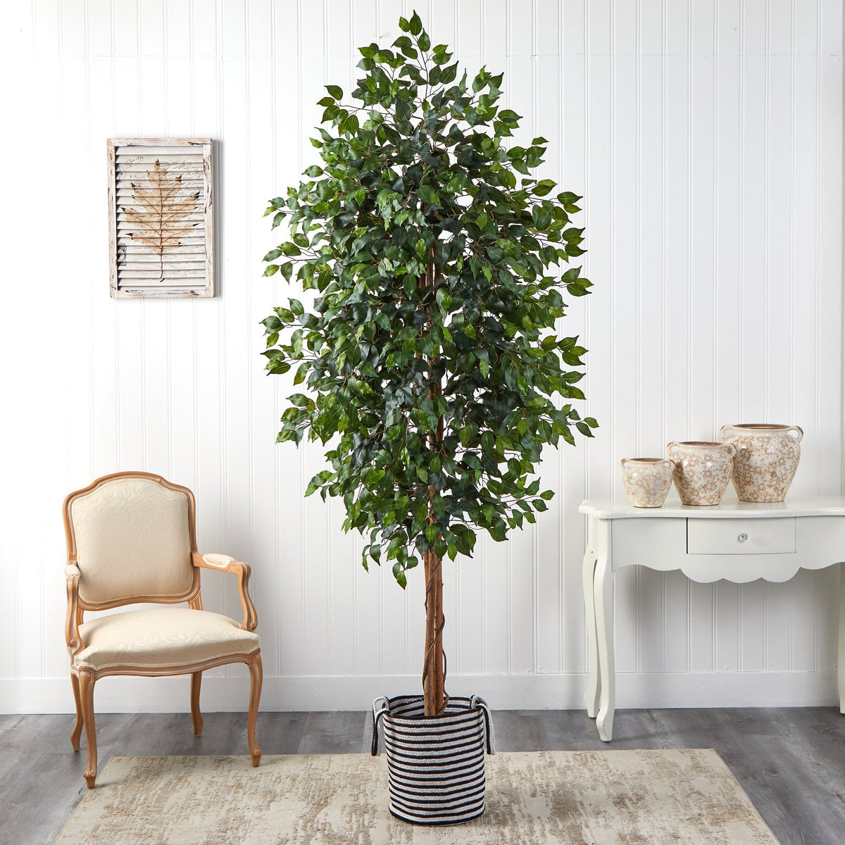 8’ Ficus Artificial Tree in Handmade Black and White Natural Jute and Cotton Planter, photo 3 of 4