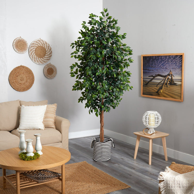 8’ Ficus Artificial Tree in Handmade Black and White Natural Jute and Cotton Planter, photo 4 of 4