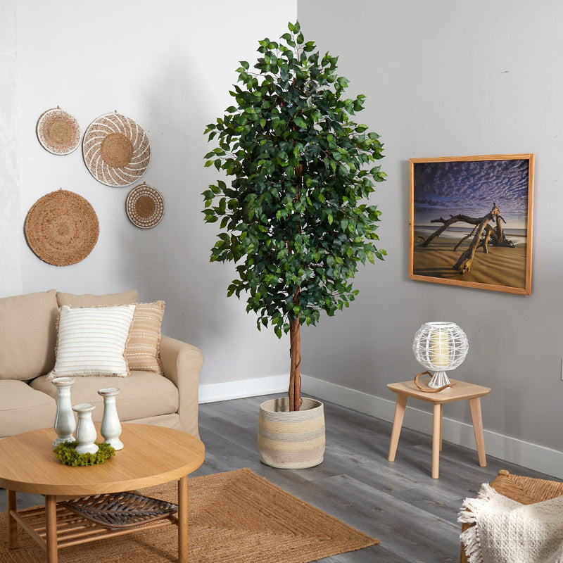 8’ Ficus Artificial Tree with Handmade Natural Cotton Multicolored Woven Planter