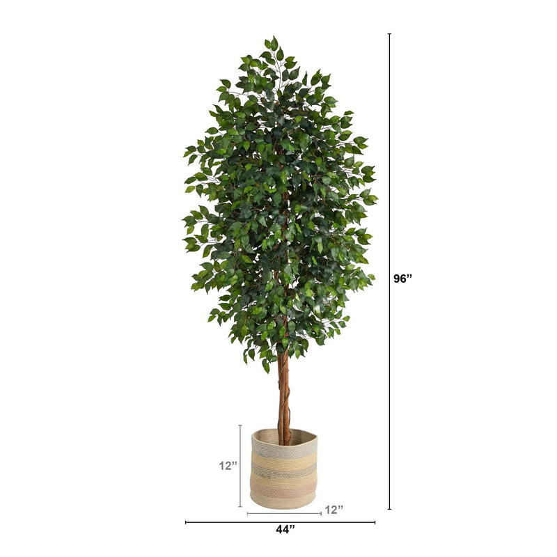 8’ Ficus Artificial Tree with Handmade Natural Cotton Multicolored Woven Planter