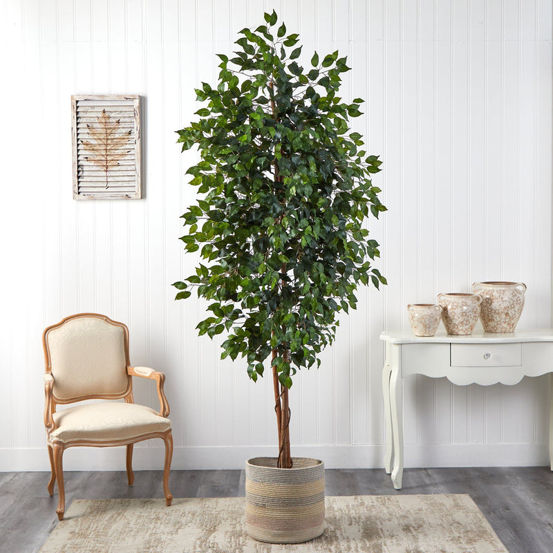 8’ Ficus Artificial Tree with Handmade Natural Cotton Multicolored Woven Planter