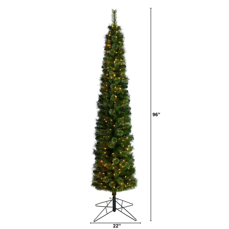 8' Green Pencil Christmas Tree with 200 Clear (Multifunction) LED Lights and 402 Bendable Branches